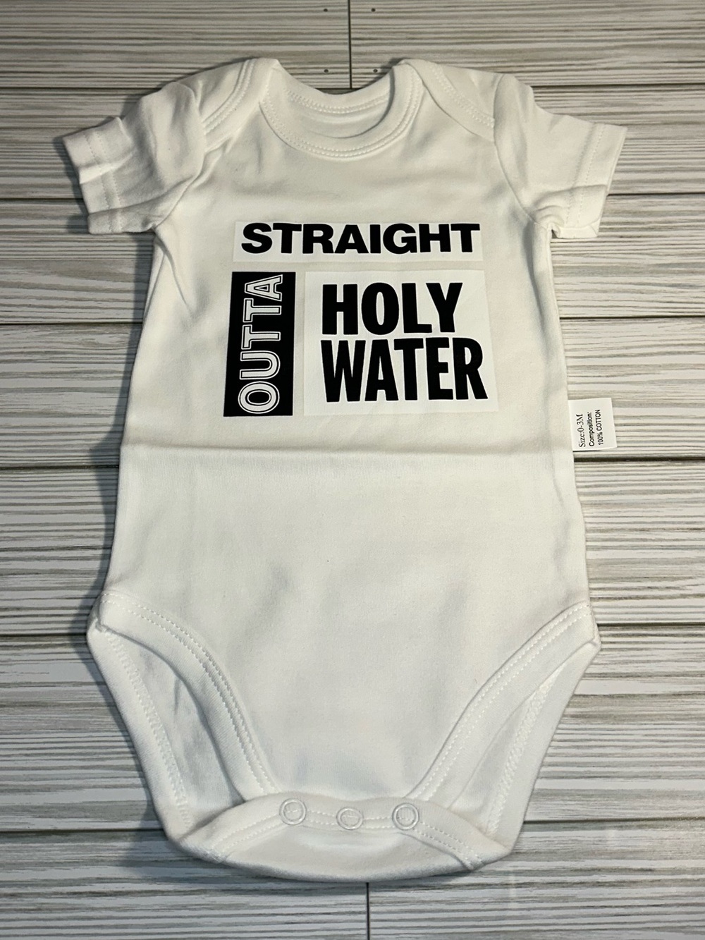Straight Outta Holy Water White Baby One-Piece Bodysuit Baptismal Christening